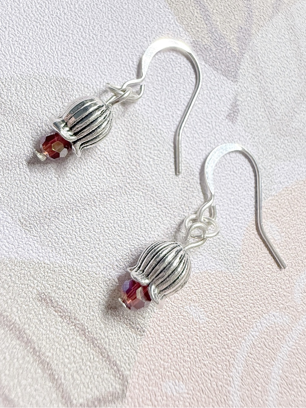 Sterling-Style Silver Drop Earrings with Deep Red Crystal